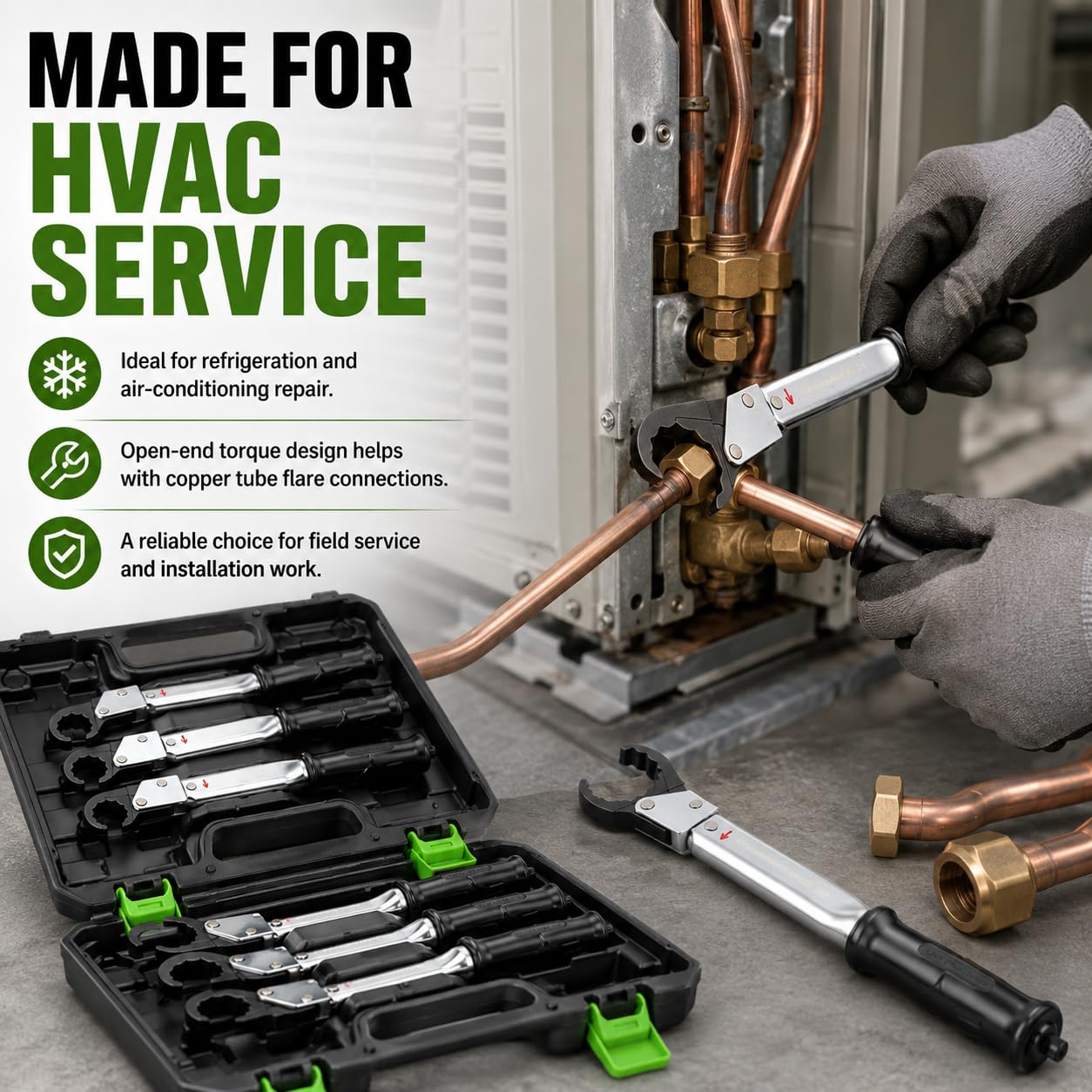 Kit de llave dinamométrica de trinquete, llave de boca de campana con tapa de cobre ajustable de 18-75 Nm para aire acondicionado de refrigeración HVAC de tubo de cobre de 1/4", 3/8", 1/2", 5/8"