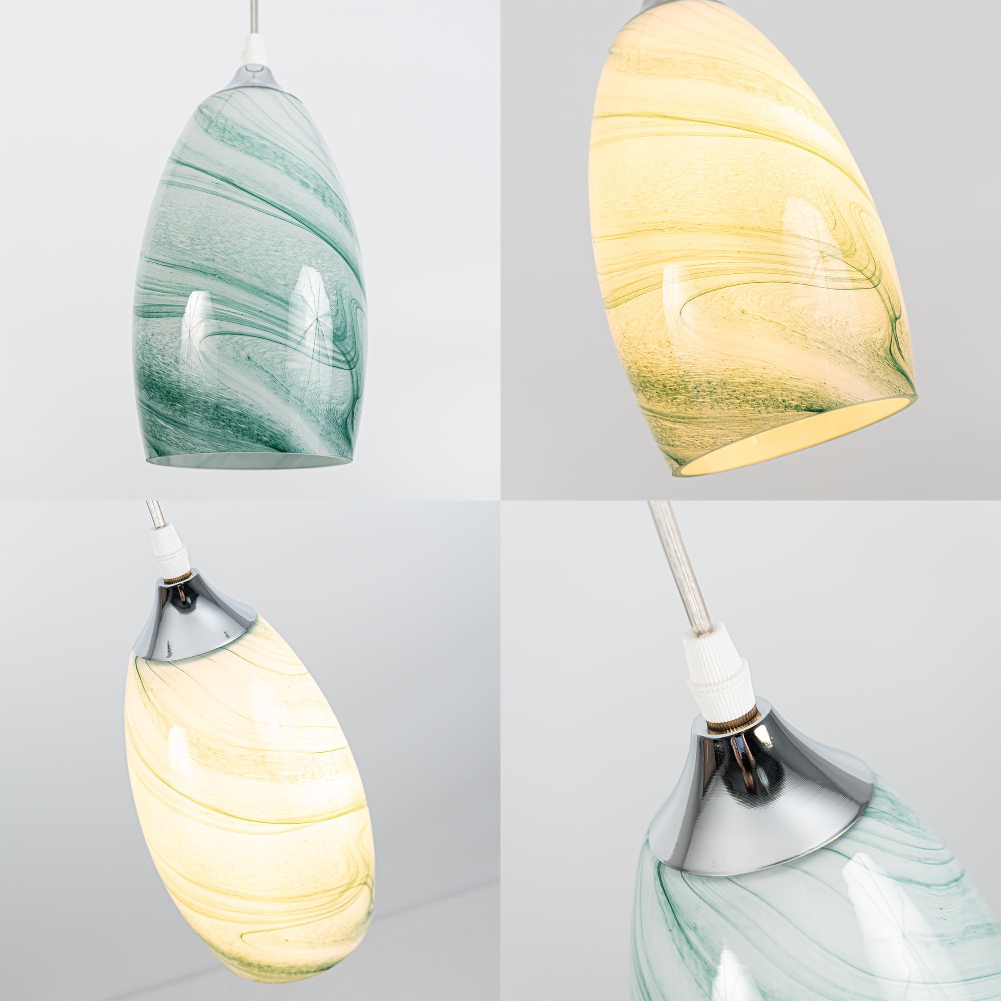 SKIVTGLAMP No Wiring Needed Pendant Lighting Swag, Pulley Wheel Design, 15ft Plug-in Dimmer Cord, Lake Green Cloud Oval Marble Water Ripple Glass Cover for Hallway Sloped and Vaulted Ceiling