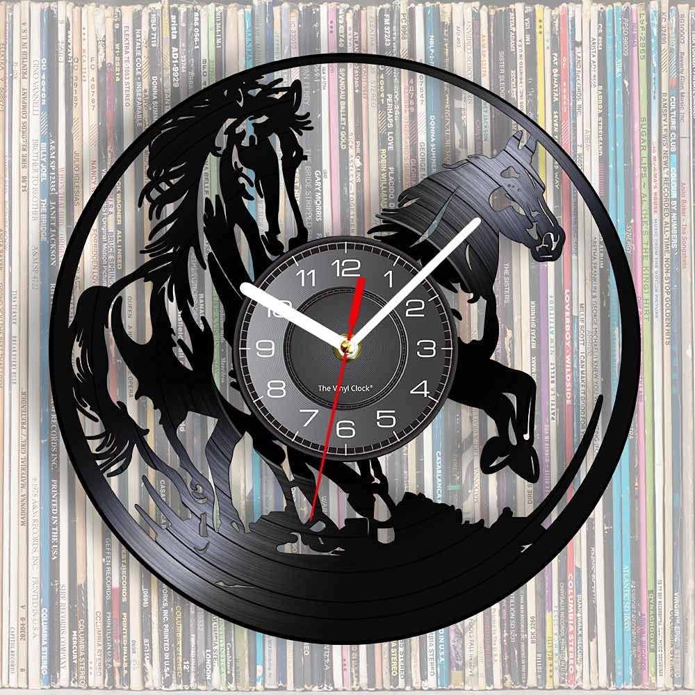 Running Horses Vinyl Record Wall Clock Horse Silhouette Laser Etched Album Music Record Silent Quartz Wall Watch Horseman Home Decor