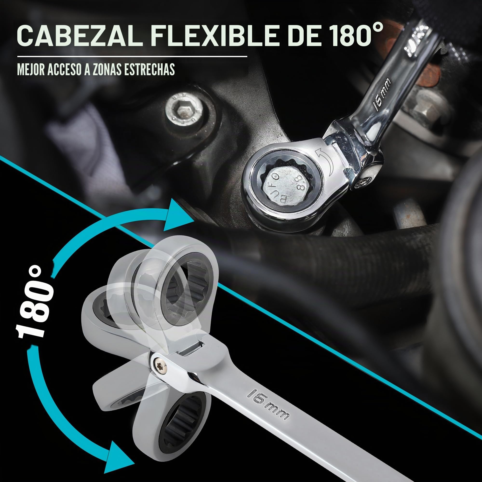 DURATECH Juego de llaves de carraca con cabeza flexible de 12 piezas, 72 dientes, sistema métrico, 8-19 mm, acero al cromo-níquel, organizadas en maletín de almacenamiento