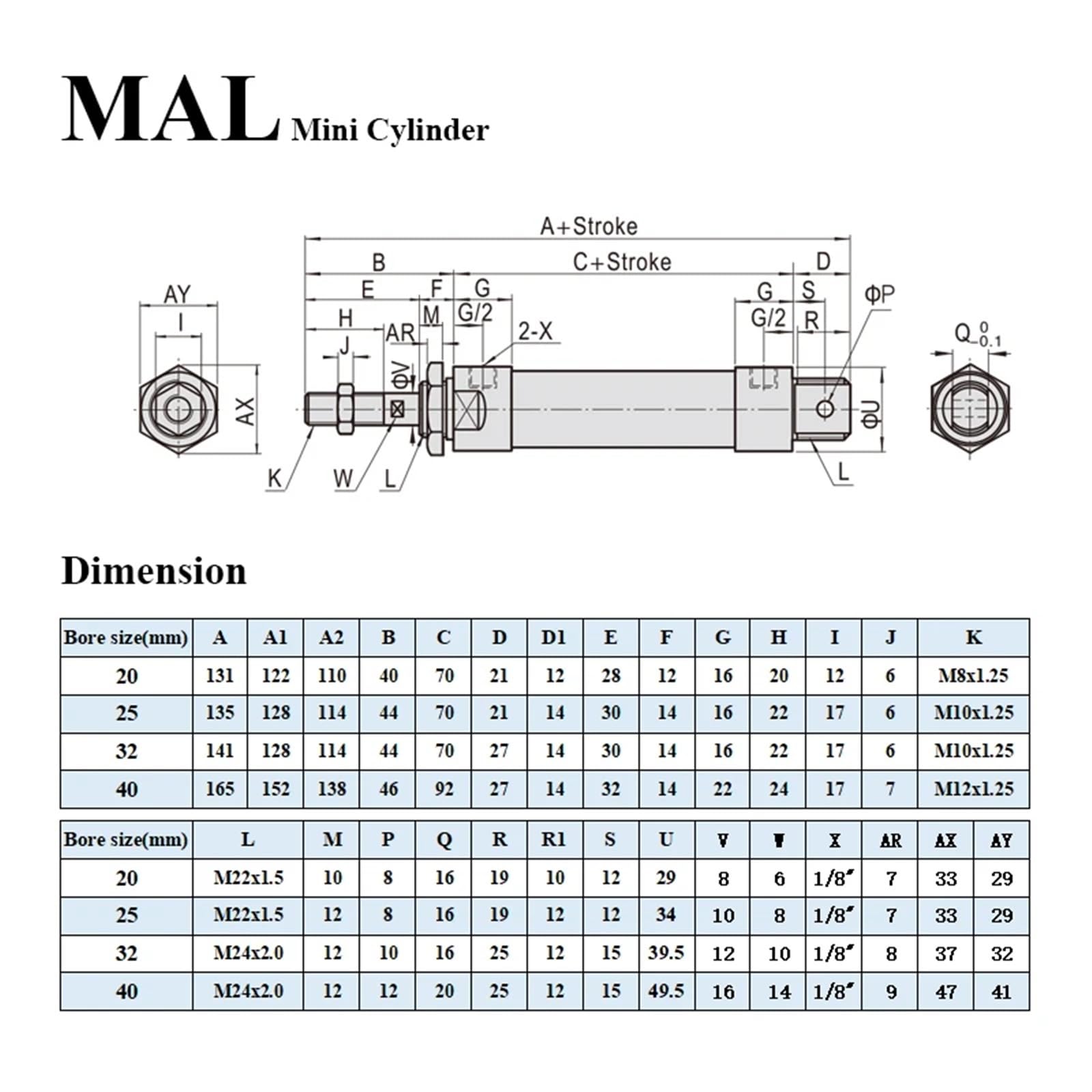 MAL16 25 32 40 mm otwór mały otwór podwójna część 25/50/100/175/200/300/350/400/500 mm mini cylinder opony ze stopu aluminium (175 mm, otwór 25 mm)