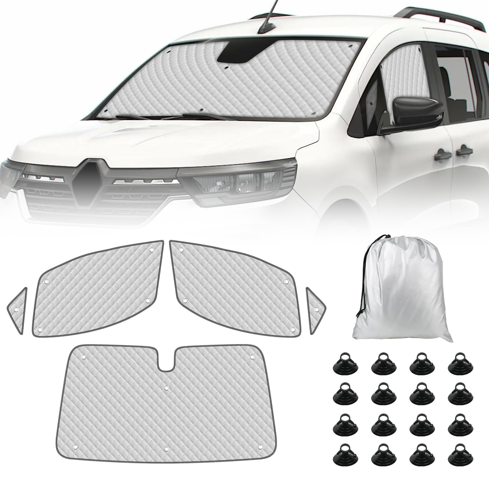 Parasole per Parabrezza Auto compatibile con 2020-2025 Renault Kangoo 3 XFK, 5 Pezzi Pieghevole Parasole per Interni Auto, Set di Tappetini Termici Interni con Borsa Portaoggetti | Set di 5 protezioni oscuranti per parabrezza, tenda termica interna, con c