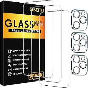 SIBEITU 3 Pack Screen Protector for iPhone 14 Pro with 3 Pack Camera Lens Tempered Glass Protector, 6.1 Inch HD Clear Tempered Glass Film 9H Hardness Scratch Resistent, No Air Bubbles
