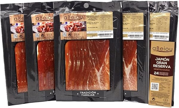 Prosciutto GRAN RISERVA DUROC PREMIUM Crudo Affettato 500 g (5×100 g) — Stagionatura +25 Mesi — Guijuelo Spagnolo — Sottovuoto — Jamón Serrano — aBeiou - 1