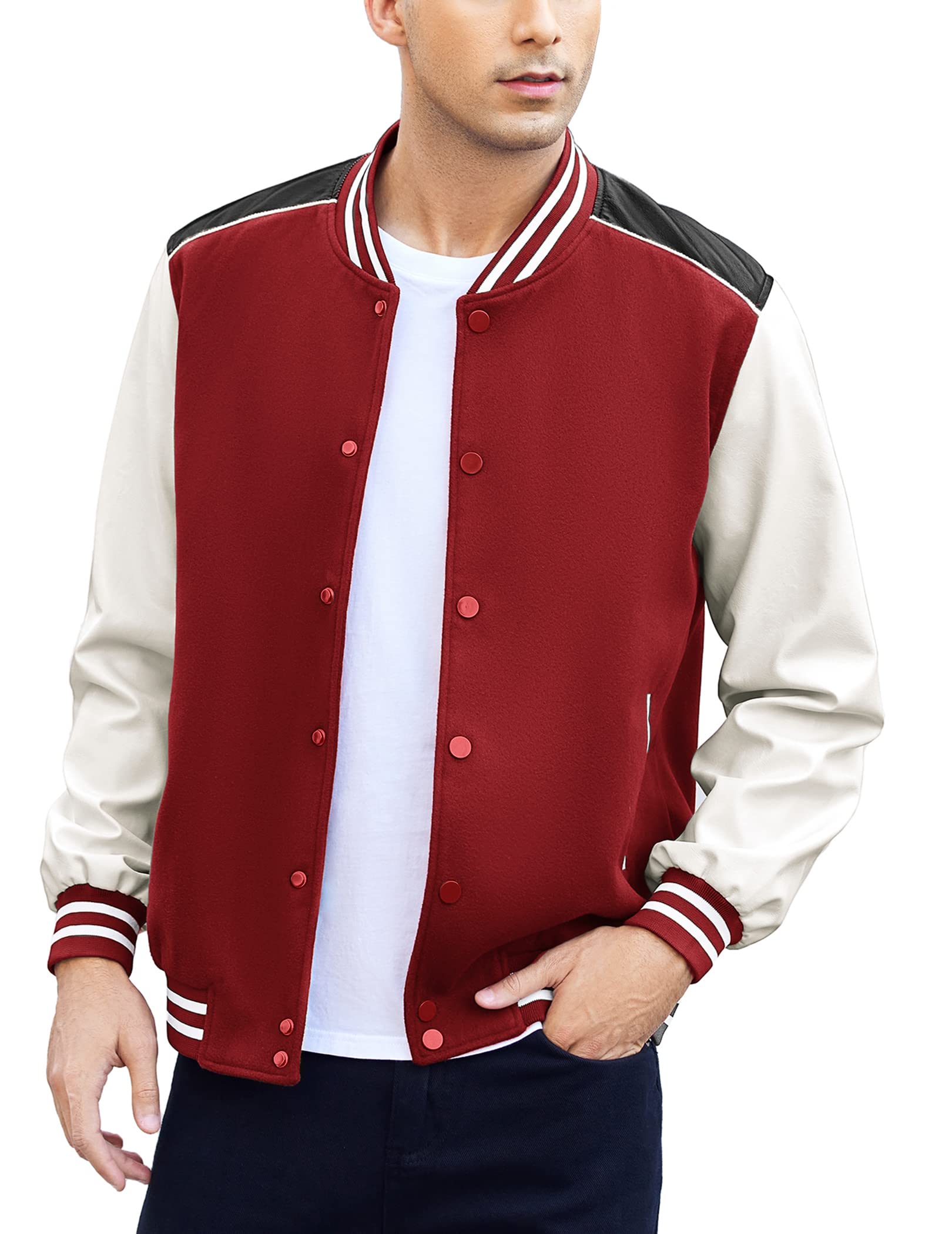 COOFANDY Mens Varsity Jacket Casual Leather Sleeve Baseball Letterman Bomber Jacket Coat