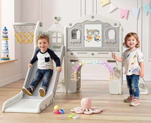 Miniatura 11 de BIERUM Juego de tobogán 10 en 1 para niños pequeños - Tobogán para bebés de 1 a 3 años con luces coloridas, pizarra para dibujar y tablero de Combo