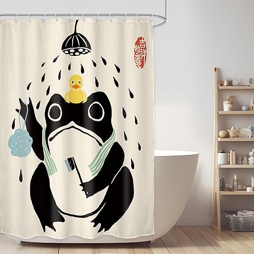Miniatura 36 de LGhtyro Cortina de Ducha Divertida de Rana Juego de Baño 60Wx71H Pulgadas Retro Lindo Animal Asiático Estilo Tradicional Japonés Fideos Sombrero de
