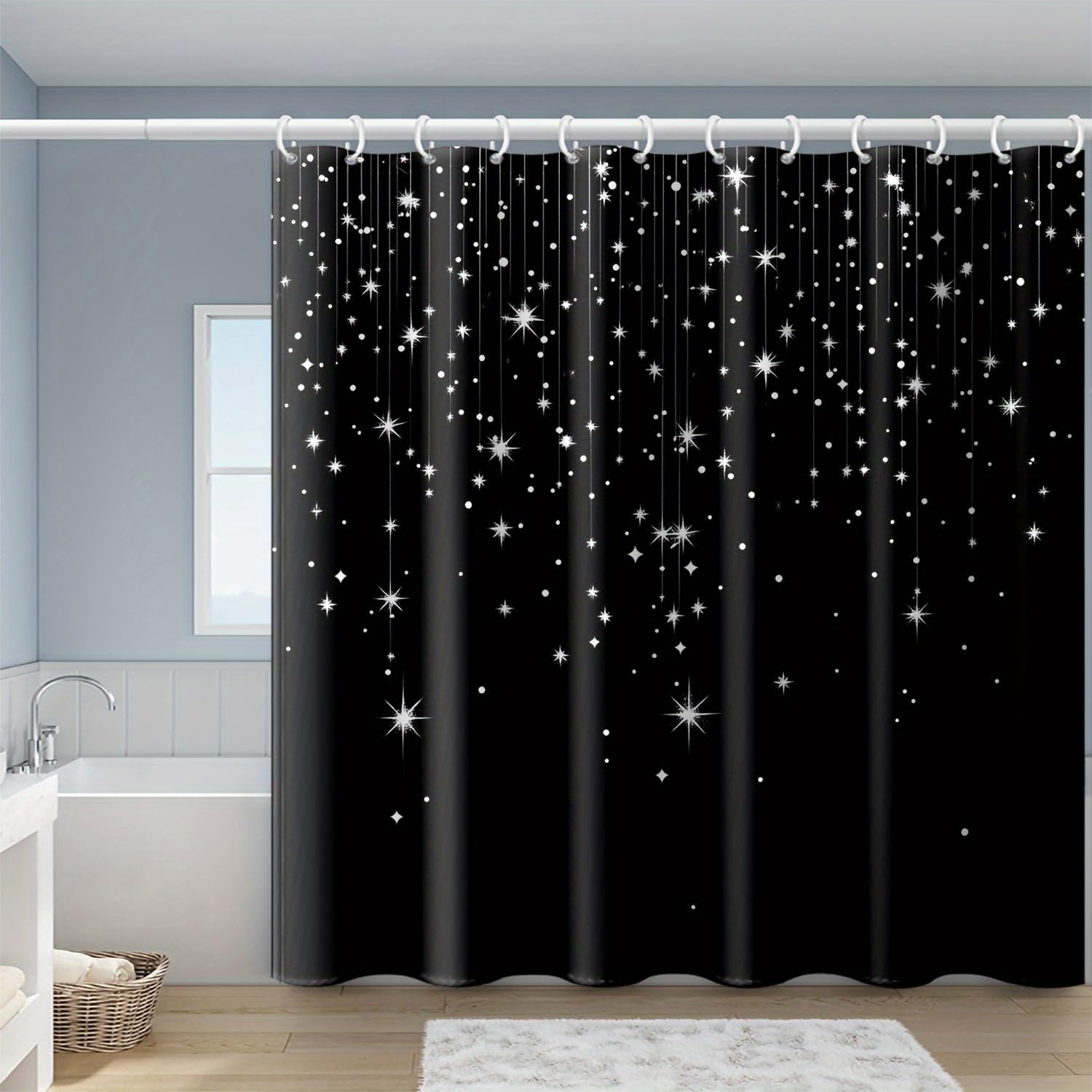 1 pezzo 180x220CM Fantasia del cielo stellato nero Tenda da doccia con gancio, in poliestere, per finestre e pareti, vasca da bagno, bagno, lavabile in lavatrice, universale per tutte le stagioni.