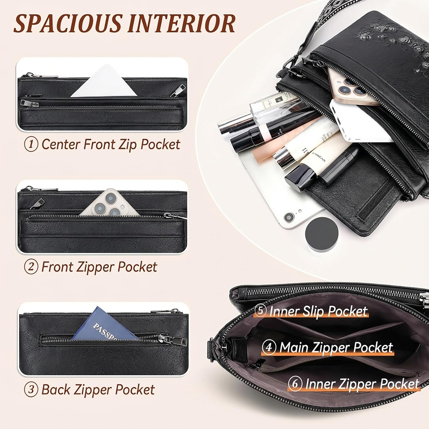 MEITRUE Crossbody Bags for Women,Embossed Leather Purse with Tassel Multi Pocket Travel Shoulder Handbags - Image 4