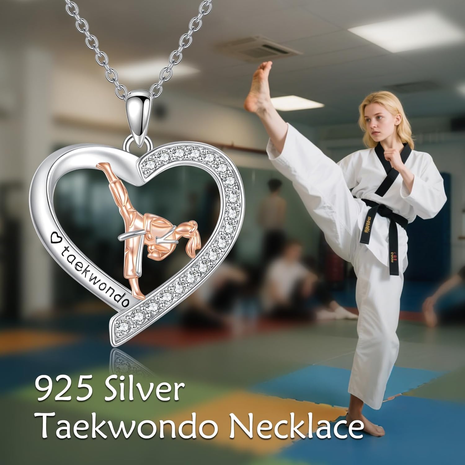 YFN Taekwondo Necklace Sterling Silver Karate Martial Heart Pendant Necklace Taekwondo Jewelry for Women Karate Gifts