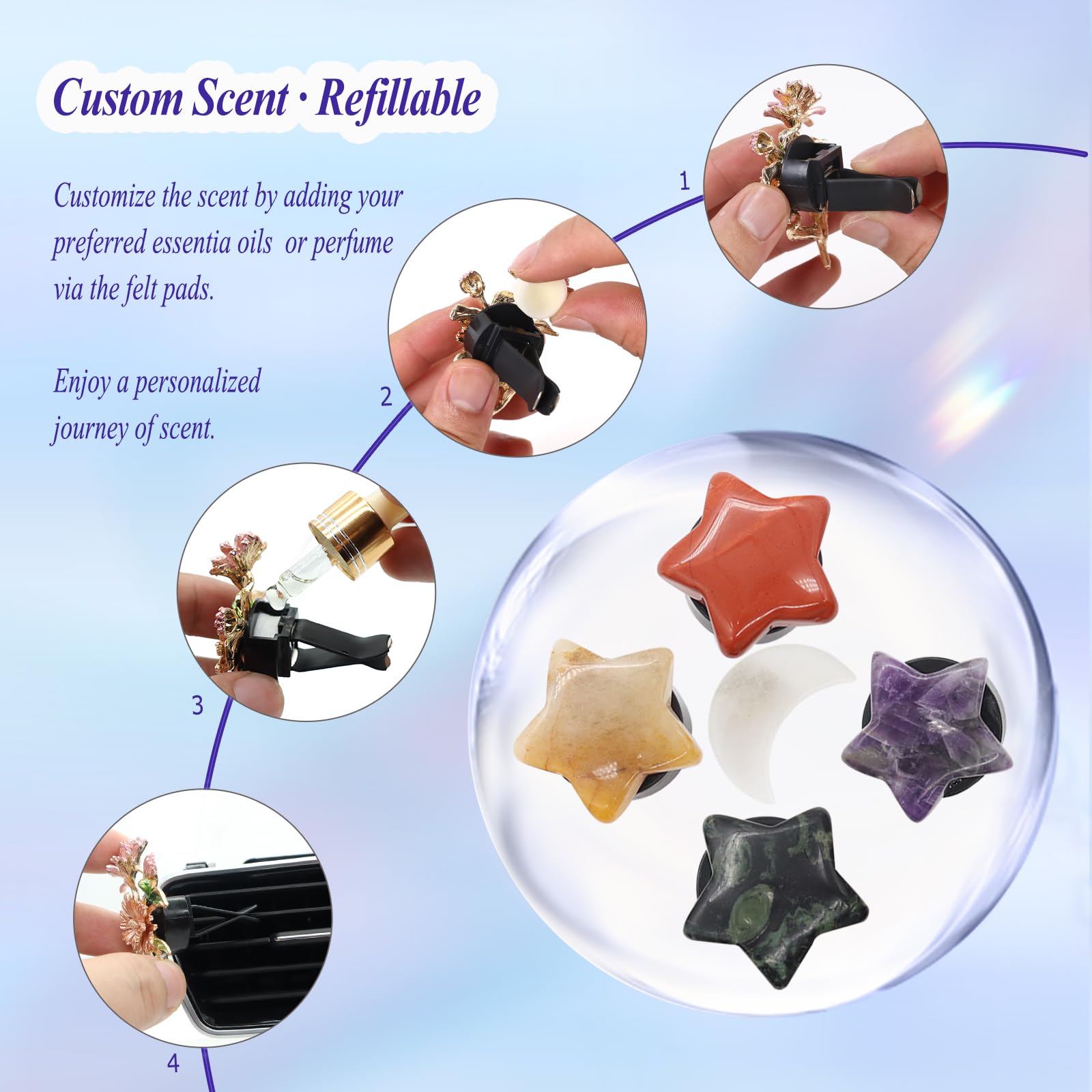 Boho Car Decor Stars Moon Air Vent Clips Refillable Car Fresheners 5pcs Natural Crystal Stone Hippie Dashboard Decorations — view 5