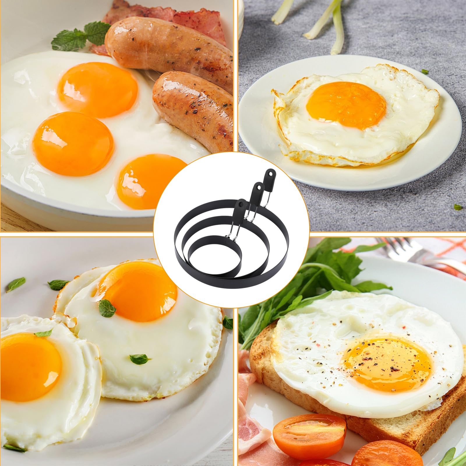 6 stampi per uova fritte neri per la padella 9 cm, 15 cm, 20 cm, in acciaio inox, per uova fritte, frittelle, omelette e molto altro ancora