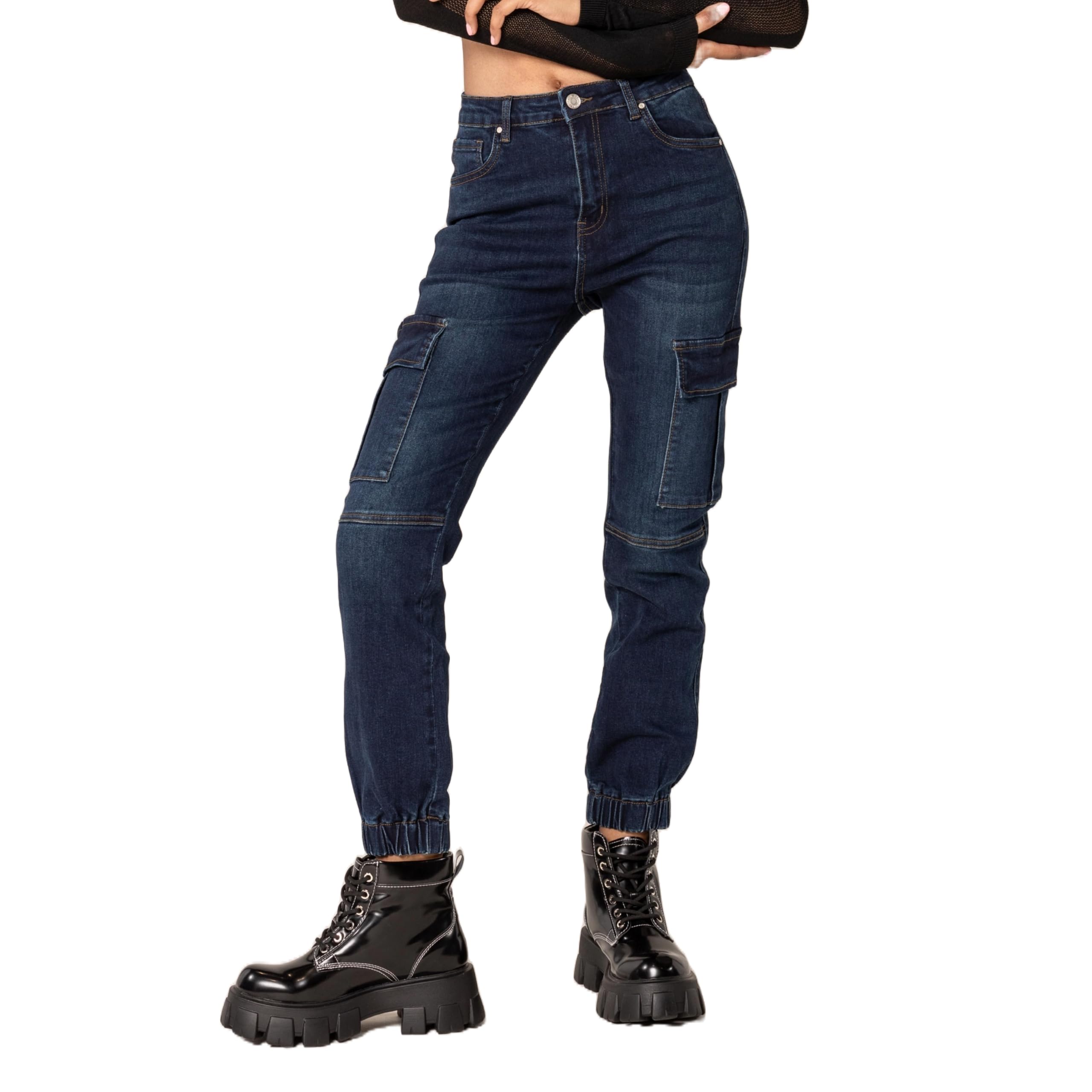 Nina Carter P219 Damen Cargo Jeanhosen High Waist Relaxed Fit Elastischer Beinabschluss Used-Look