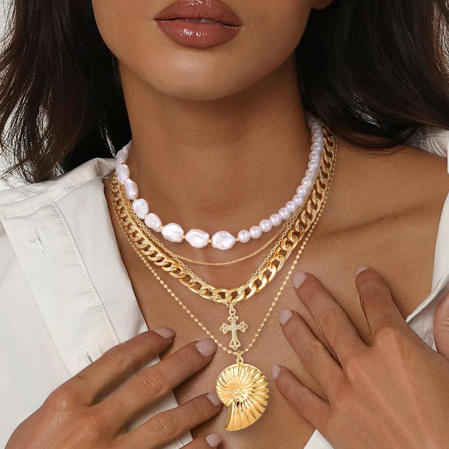 MJartoria Gold Layered Necklaces for Women Trendy Big Shell Pearl Cross Pendant Dainty Chunky Chain Necklaces Jewelry Birthday Gifts - Image 9