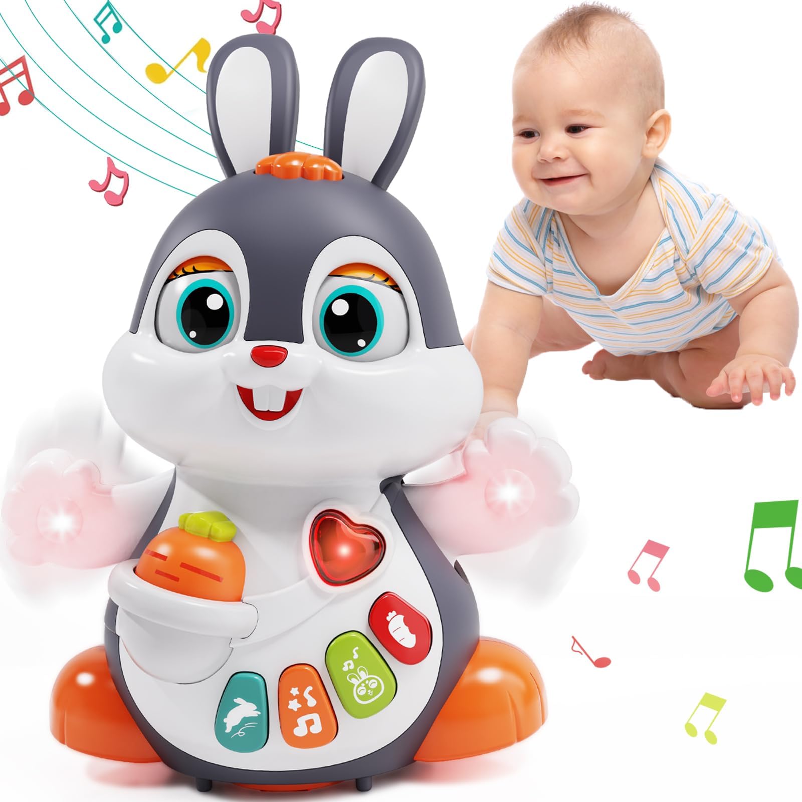 Baby Musical Easter Bunny Toy Dancing Crawling Tummy Time Toys, Light Up Infant Toys 0-3-6 6-12 12-18 Months Birthday Easter Gifts for 1 Year Old Boy Girl Learning Baby Easter Basket Stuffers