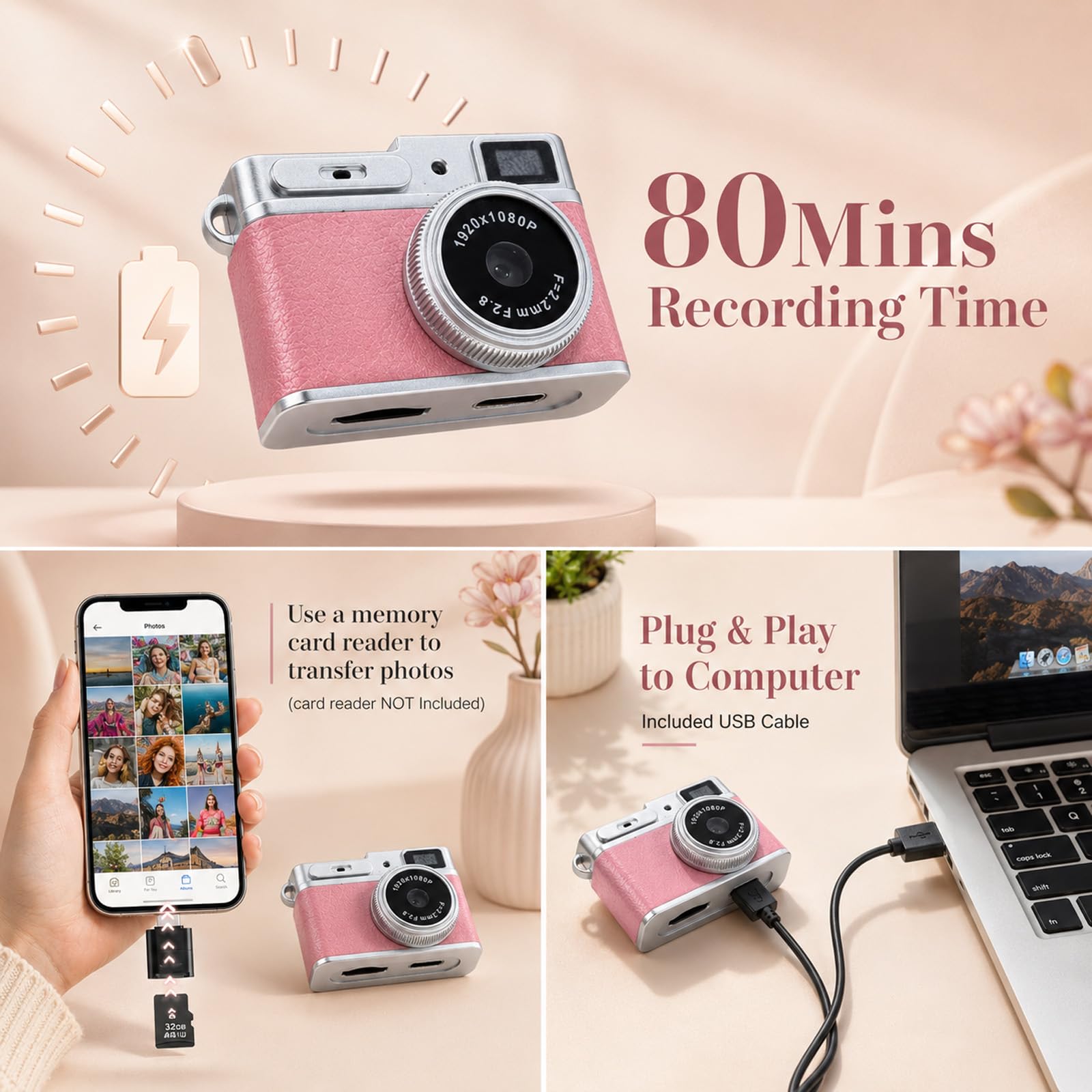 Mini Appareil Photo Rétro 1080P avec Flash et Fonction d'enregistrement