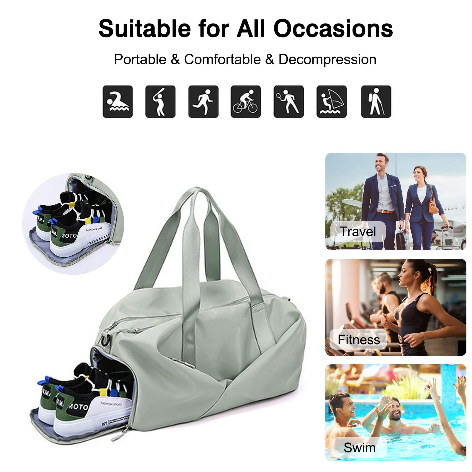 FANDARE Ultraligero Bolsa de Viaje Bolsa Deportivas de Gimnasio Bolsas de Viaje Mujer Hombre Weekender Bolsa de Fin de Semana con Bolsillo de separación húmedo y seco y Zapato Compartimento