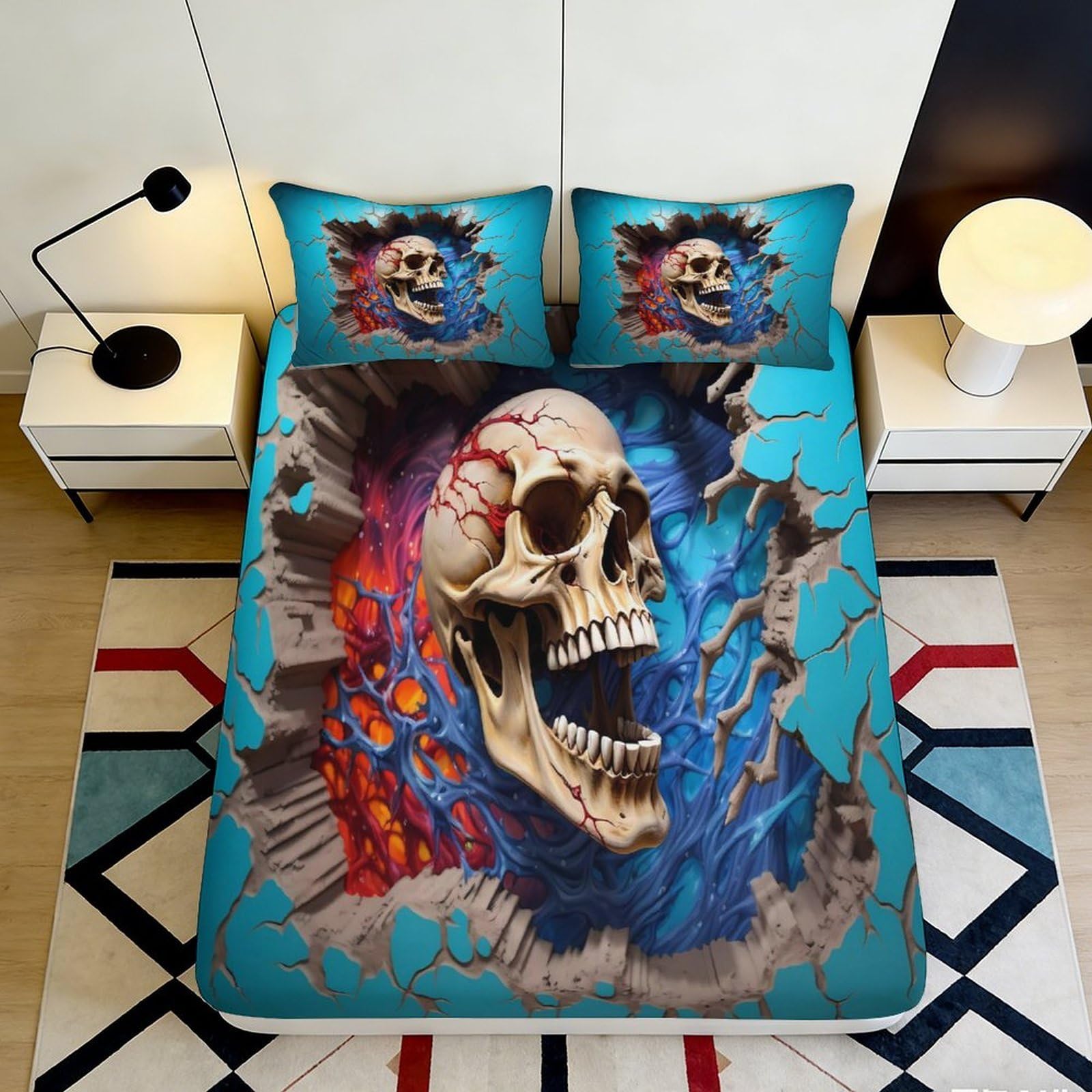 Pnayamiorkfel Style-10 3D Printed Cracked Skull Fitted Sheet Microfiber Soft Gothic Fire Blue Smoke Mattress Cover For Bedroom Dorm Decor 90X200x25cm