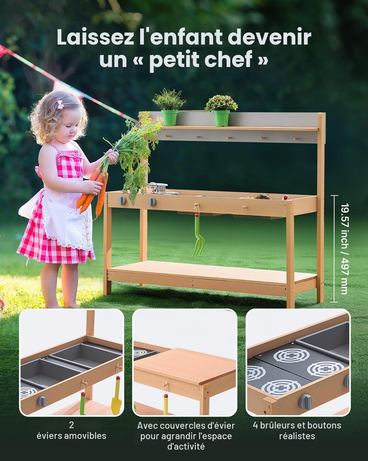 VEVOR Cuisine de Boue pour Enfants, 1000 mm, Ensemble Cuisine en Bois avec Accessoires, Jeu d'épicerie extérieur pour Tout-Petits, Jeu de Simulation pour garçons et Filles, avec cuisinières et évier