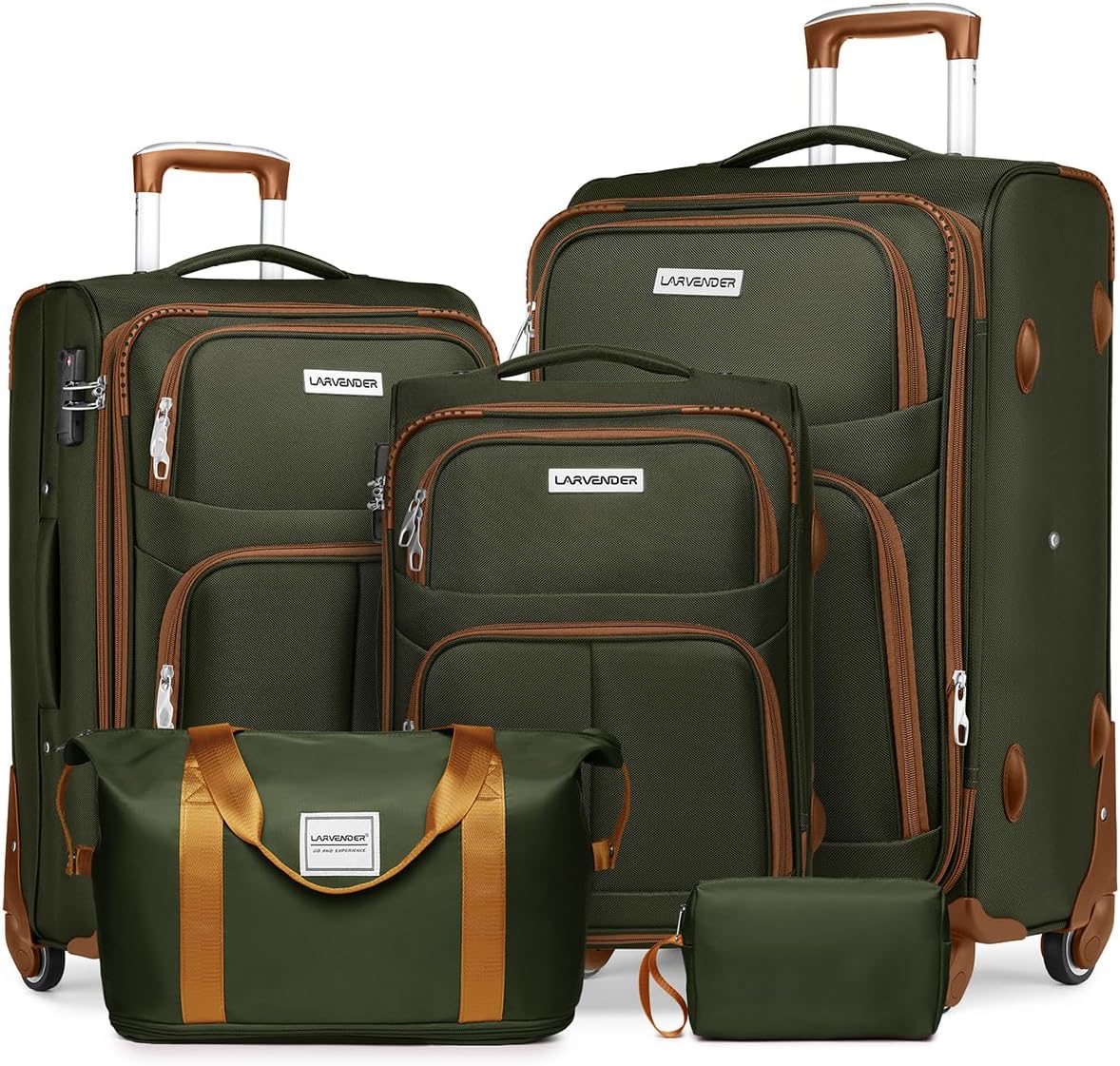LARVENDER Luggage Sets 5 Piece Softside Expandable Suitcases Set with Spinner Wheels TSA Lock, Lightweight Soft Shell Rolling Travel Luggage Set Clearance for Men and Women, Green Brown