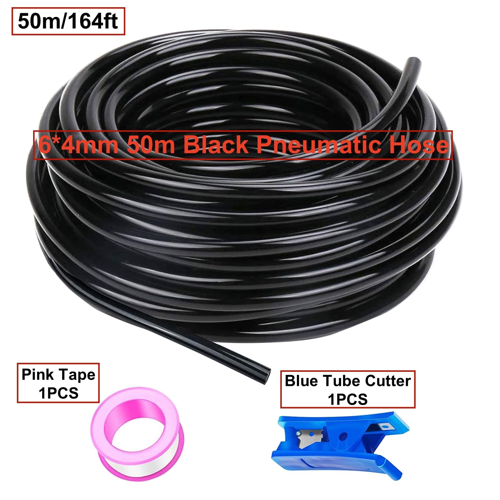 HUAZIZ 50 m Tubo neumático de poliuretano PU negro, tubo neumático de poliuretano flexible, exterior 6 mm x interior 4 mm + 1 pieza de cortador de tubo azul + 1 pieza de cinta de teflón rosa