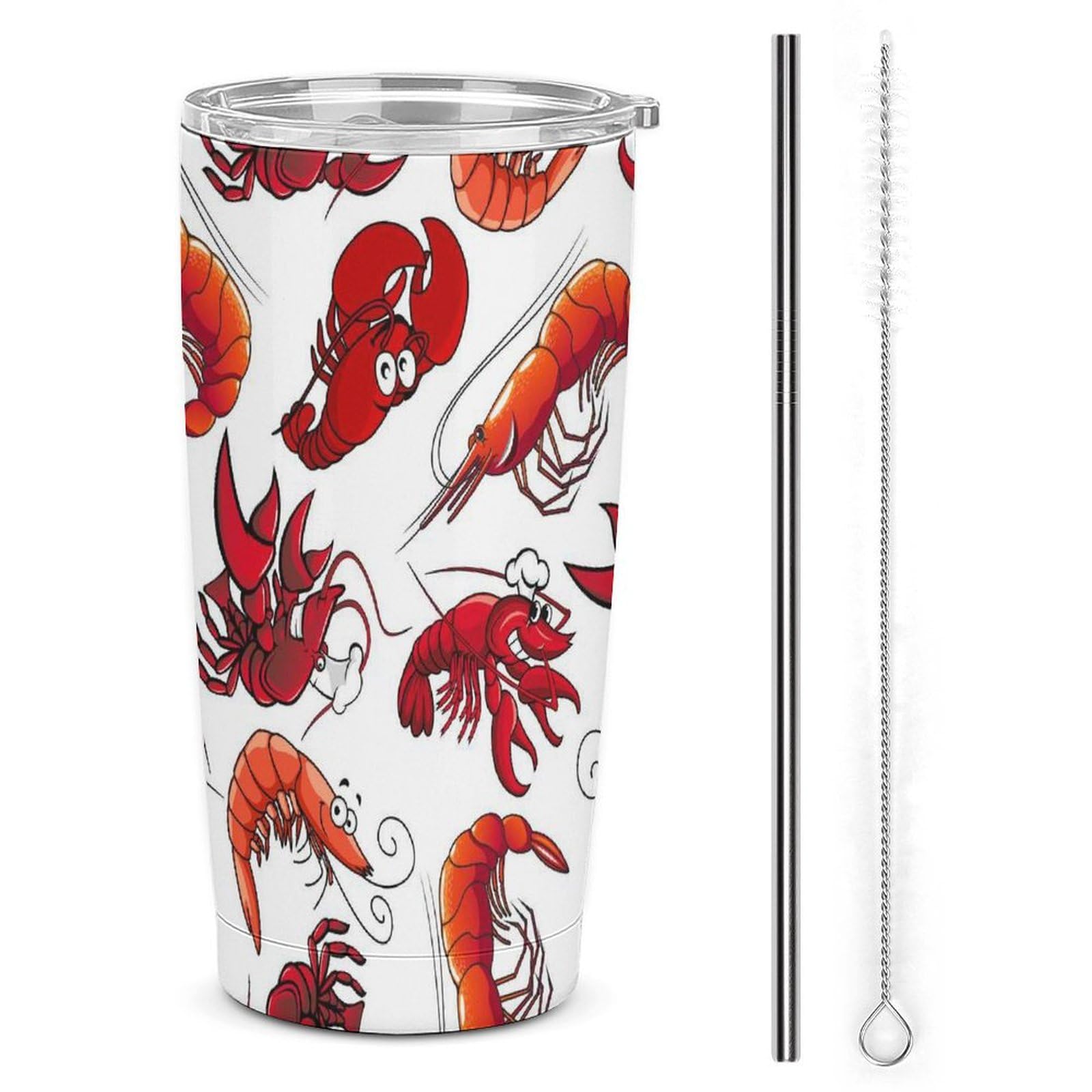 Nugier One 304 Stainless Steel Cup with Removable Silicone Straw, 20 Oz Double Walled Hot Cold Travel Mug Insulated Water Bottle Print Red Shrimps Prawns Lobsters Seamless On White