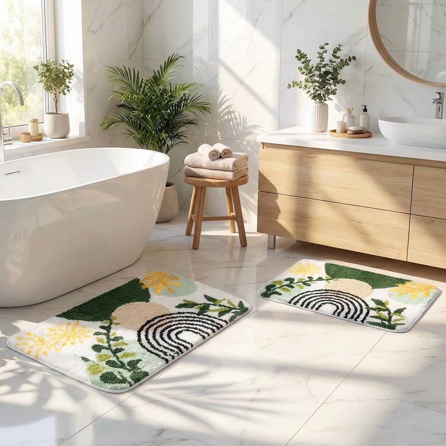 Arttown Boho Abstract Gold Plant Bathroom Rug Set 2 Piece Fluffy Microfiber Bathroom Mat Non-Slip Water Absorbent Bath Rug Soft Washable Floor Rug for Tub Showers Laundry Room Decor (16"x24"+20"x32")
