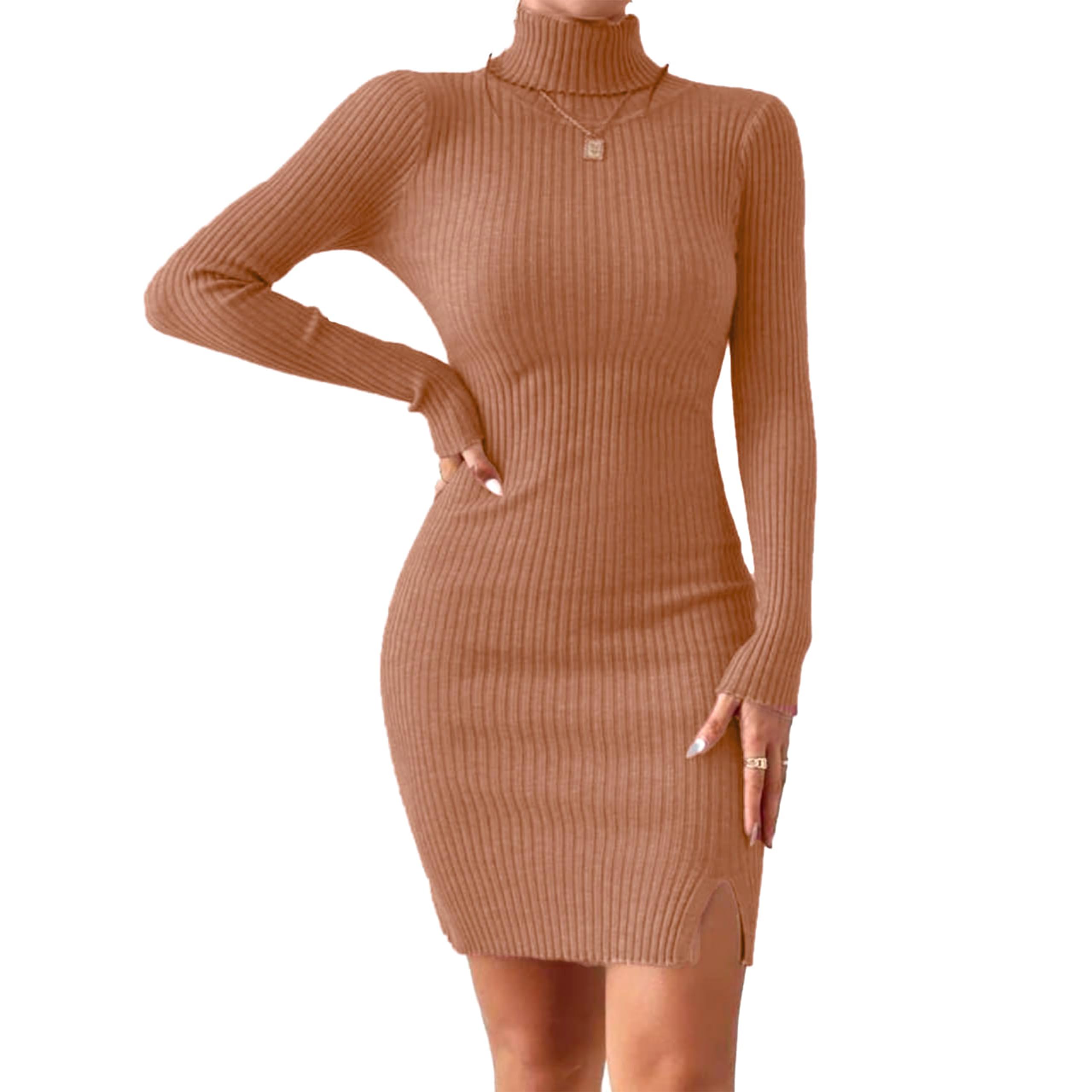 glare & blair Solid Turtle Neck Regular Fit Casual Ribbed Knit Long Sleeve Bodycon Dress for Women-picture-53