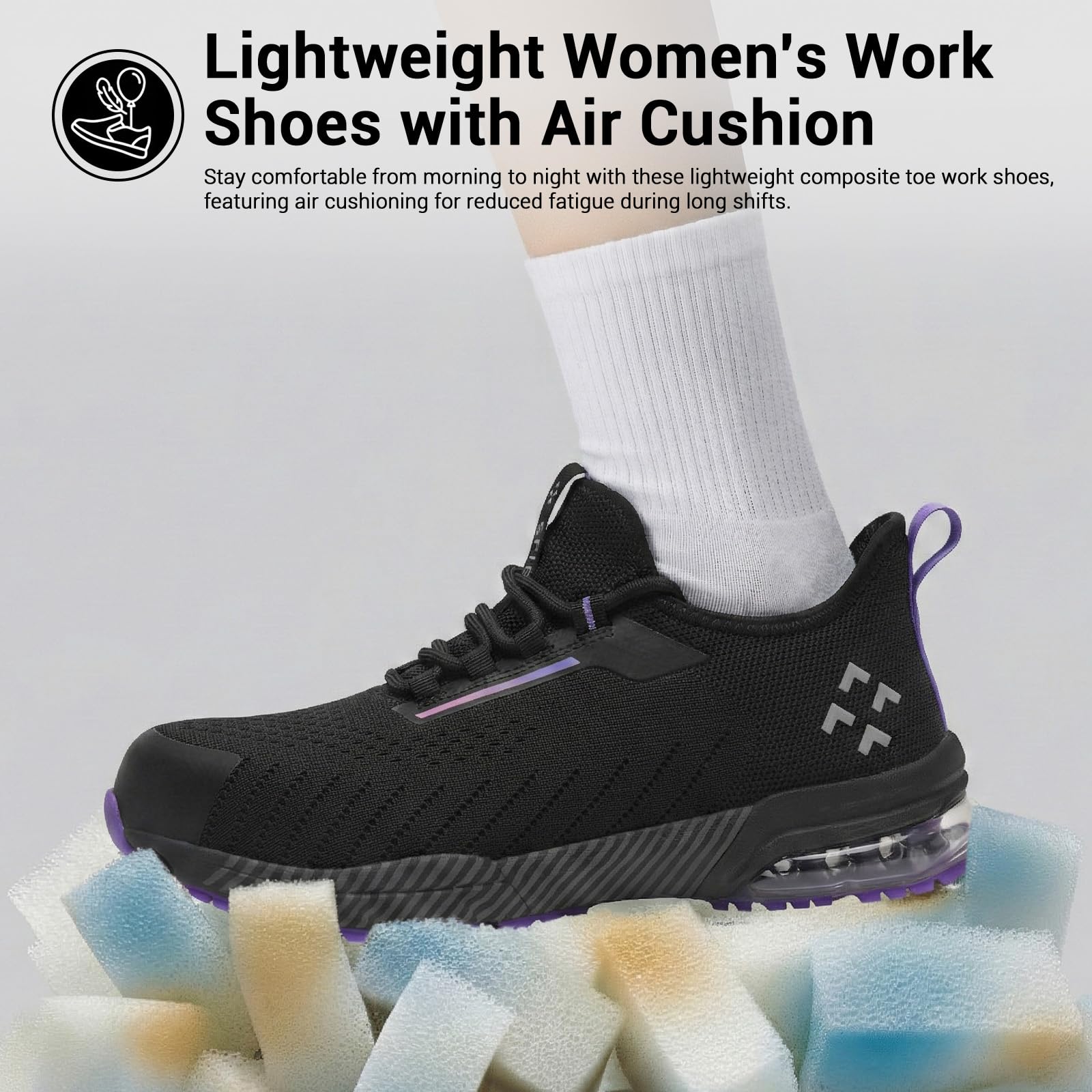 SPIEZ Zapatos Seguridad Mujer Air Cushion Slip-On Punta Composite Soporte Arco Negro-Morado EU 35-41