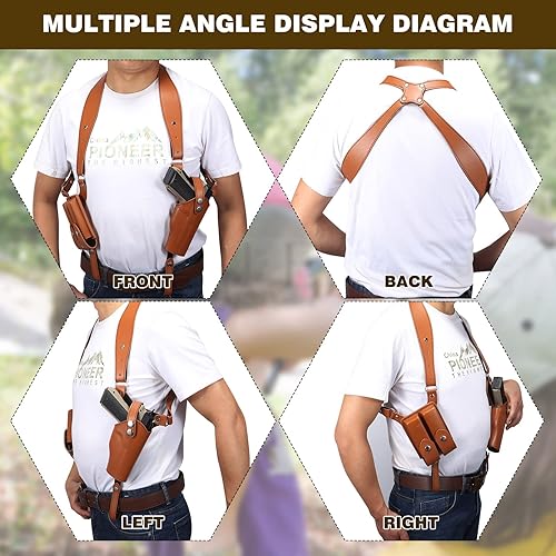 Miniatura 3 de Funda de Hombro General Vertical Funda de Pistola de Cuero Ajustable para Transporte Oculto con Doble Bolsa de Cargador Ajustable para Glock 1911 y