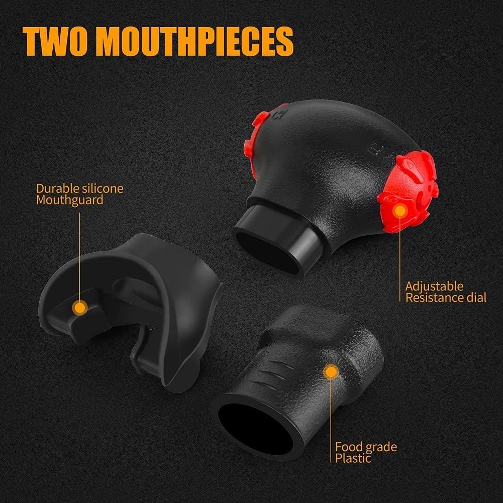 Close-up of Sonmol device components: durable silicone mouthguard, adjustable resistance dial, food-grade plastic