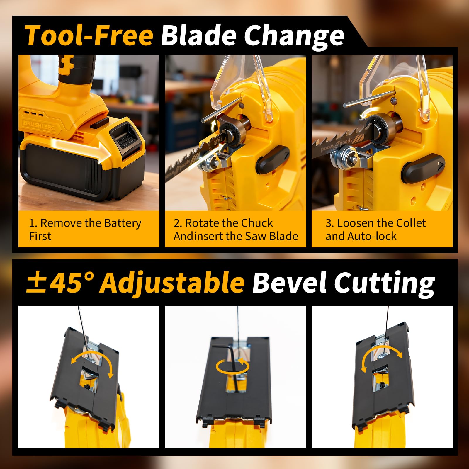 Sierra caladora compatible con batería Dewalt de 20 V (sin batería), sin escobillas, sin escobillas, con bolsa de herramientas, velocidad variable, corte biselado de 45°, 4 acciones orbitales