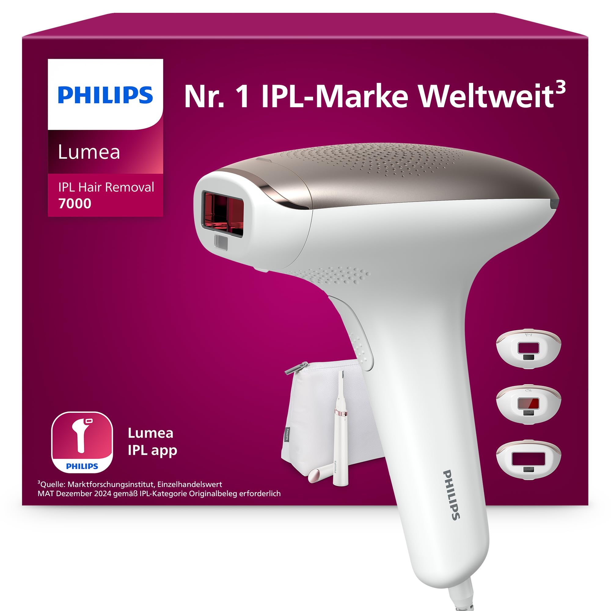 Philips Lumea IPL 7000 Series BR I923/00 – Haarentfernungsgerät mit 3 Aufsätzen (Körper, Gesicht, Bikinizone)