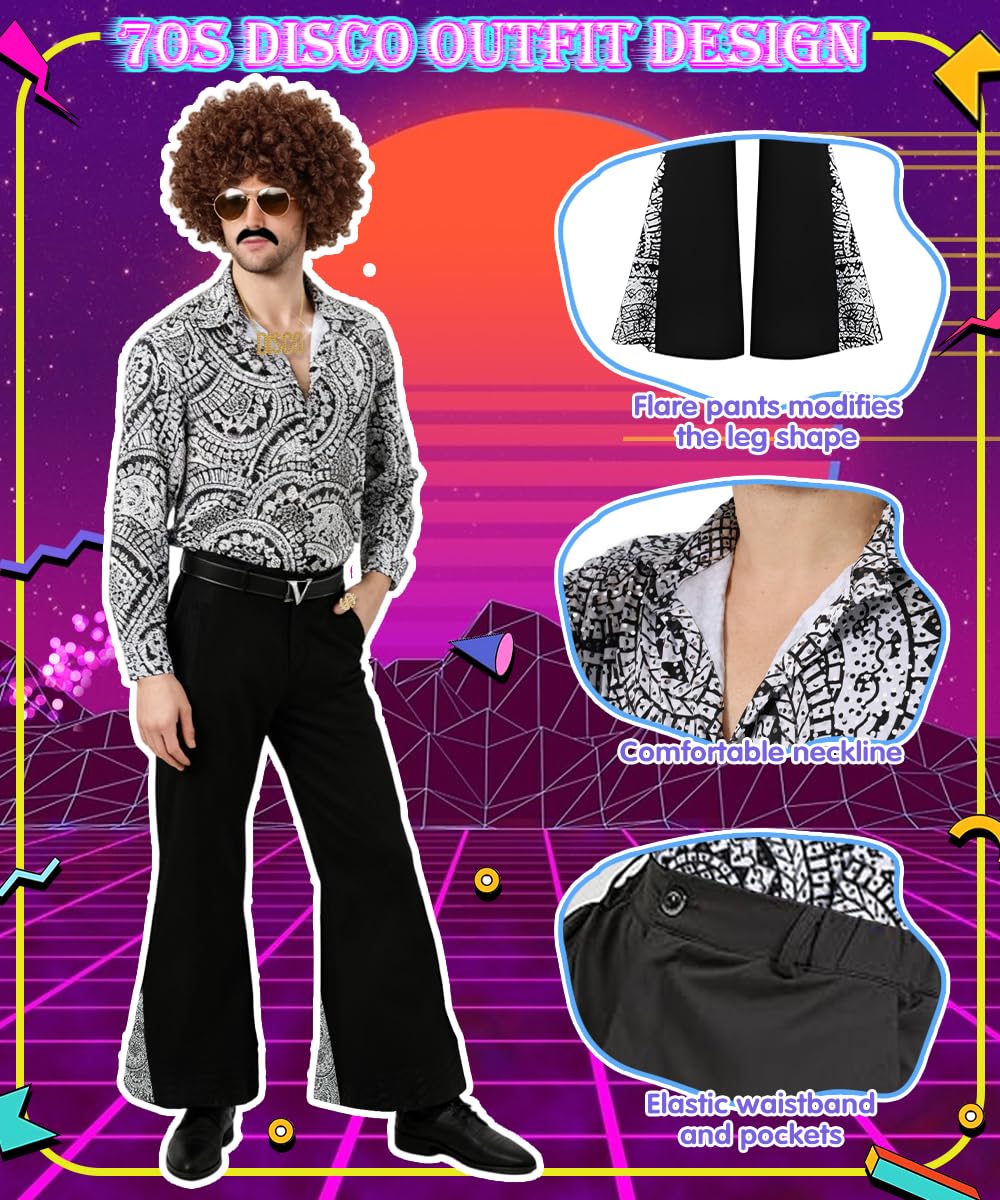 Disfraz Disco Hombre, Disfraz Disco Años 70 con Accesorios Discoteca, Gafas, Collar, Años 70 60 Disfraces para Disfraces Hombre Carnaval Discoteca Fiesta Festival, Cosplay, Halloween