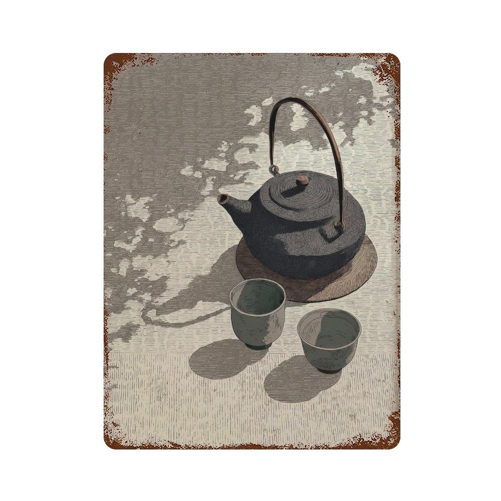 xiaoxiaoshen Japanese Teapot And Cups. Woodcut Style Minimalist Wall Decor Art Metal Tin Poster Modern Home Decor Art Home Bar Shop Decorations Vintage Sign 40x30cm