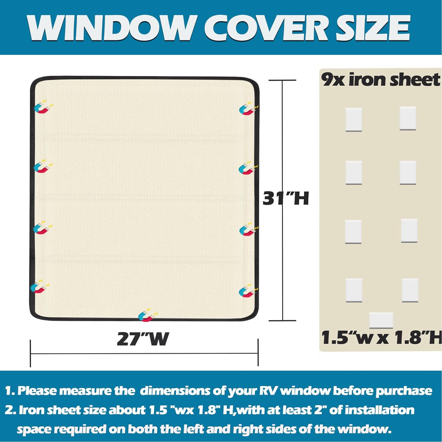 SUNICO 31" X 27" RV Door Window Shade Cover, Magnetic 100% Blackout Foldable RV Window Shades for Campers with Anti-UV Aluminum Foil Reflective & Cotton Insulation & Thicked Waterproof Fabric