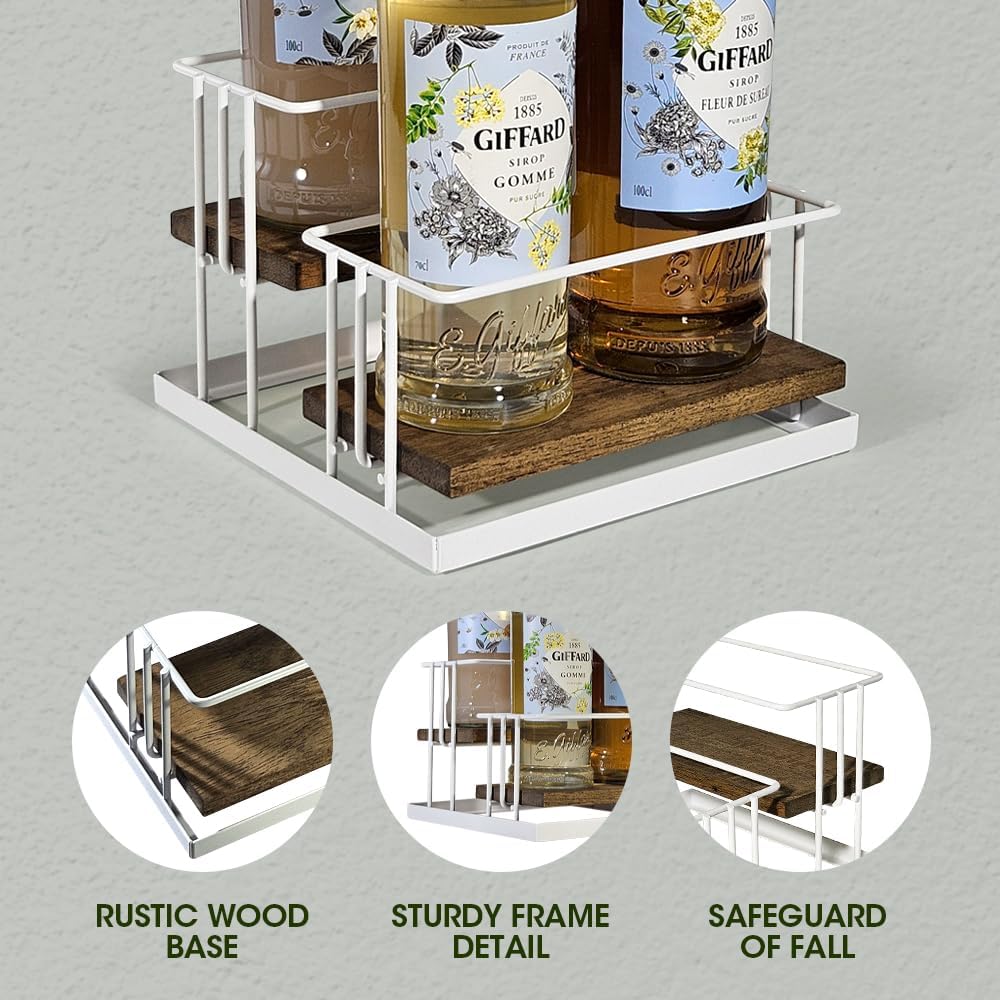 J JACKCUBE DESIGN Cofee Syrup Bottle Holder Rack, Rustic Wood and White Metal Wire 2 Tier 4 Syrup, Wine, Dressing Bottle Countertop Display Storage Stand for Kitchen Coffee Bar- MK816F