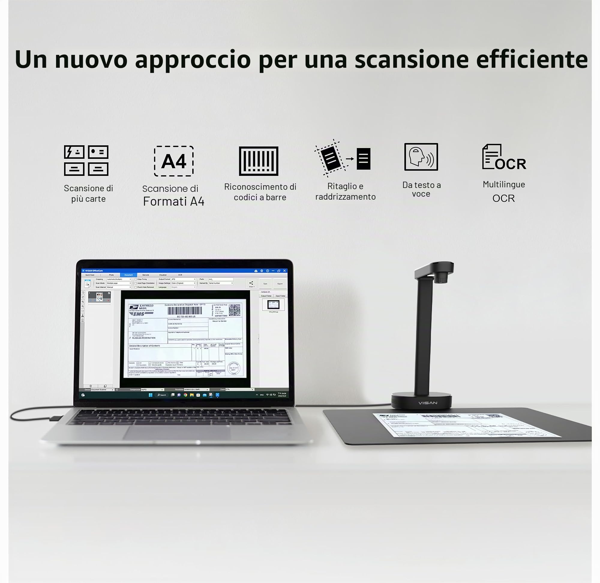 VIISAN Scanner documenti, 16 MP, USB, portatile, dimensione di registrazione A4, Deskewing, scansione di documenti multipagina, OCR & TTS Tech, funziona con Windows & MacOS
