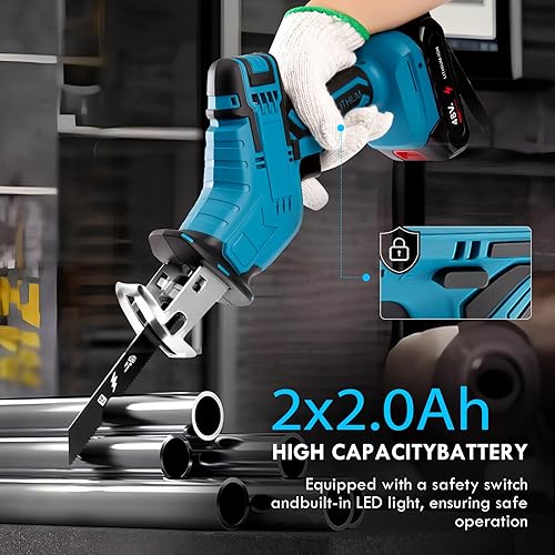 Miniatura 6 de Sierra recíproca inalámbrica, velocidad variable 3000 RPM motor sin escobillas con 8 hojas de sierra, 2 baterías de 2.0 Ah, luz LED, cambio de hoja