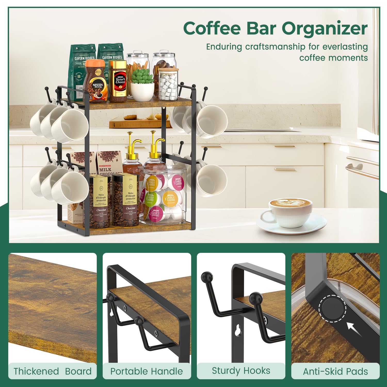 EsLuker.ly Soporte organizador de barra de café, soporte para tazas de encimera, estante de árbol de tazas de 2 niveles para cocina, oficina, estante de almacenamiento con 12 ganchos, crea una
