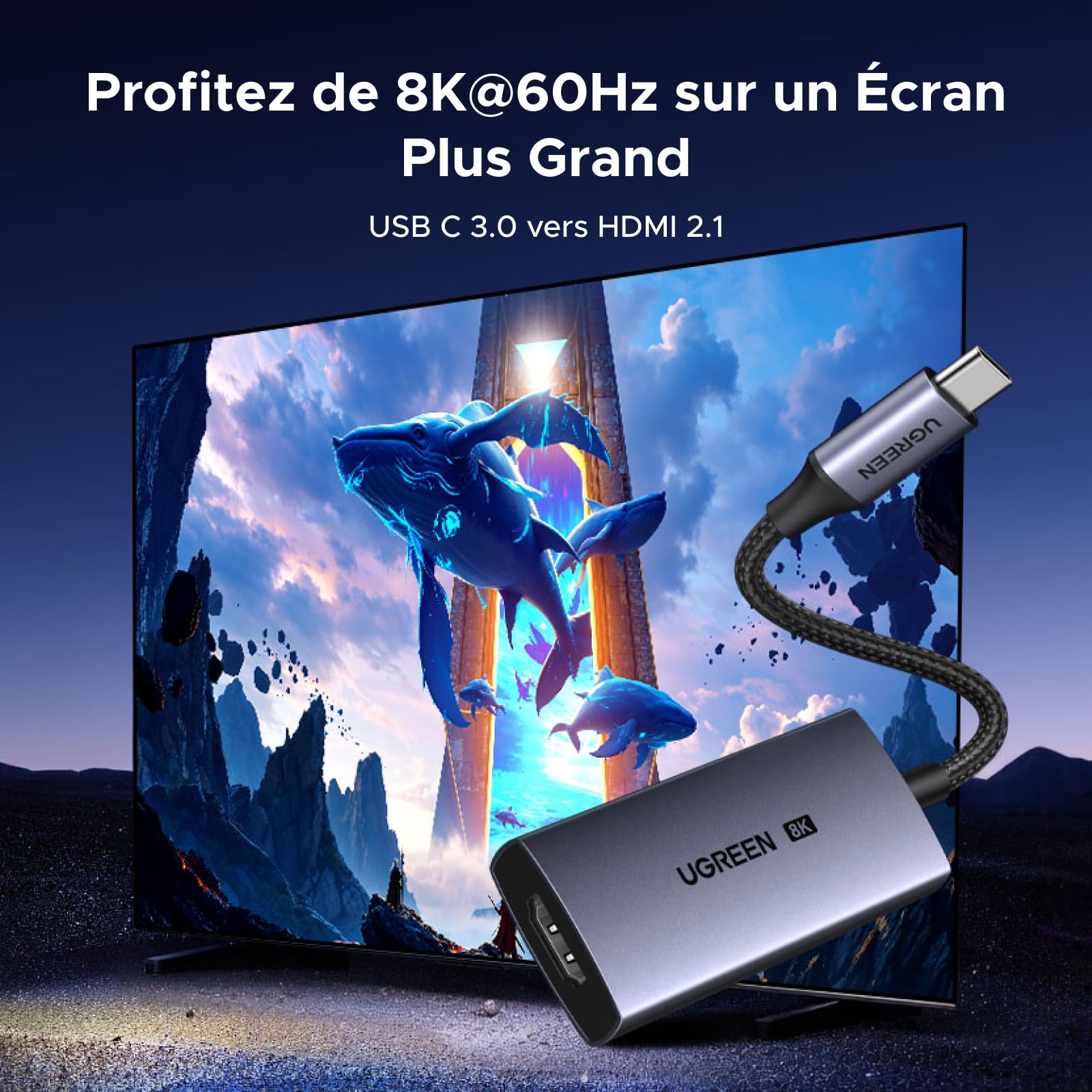 UGREEN Adaptateur USB C vers HDMI Femelle 8K 60Hz 48Gbps Compatible avec iPhone 17 Pro Max Air iPhone 16 Plus Pro Max MacBook M4 M3 iPad Air Galaxy S25 S24 Ultra Câble Type C HDMI 2.1 Thunderbolt 4 3