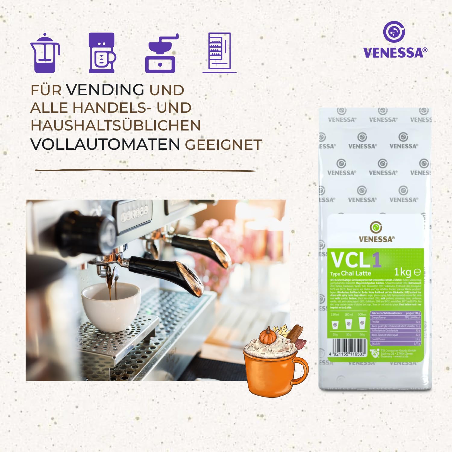 VENESSA VCL1 Chai Latte 20 x 1 kg ekonomiczne opakowanie – wysokiej jakości herbata mleczna w proszku do automatów Vending, wysoka wydajność, rozpuszczalna, w woreczku chroniącym aromat