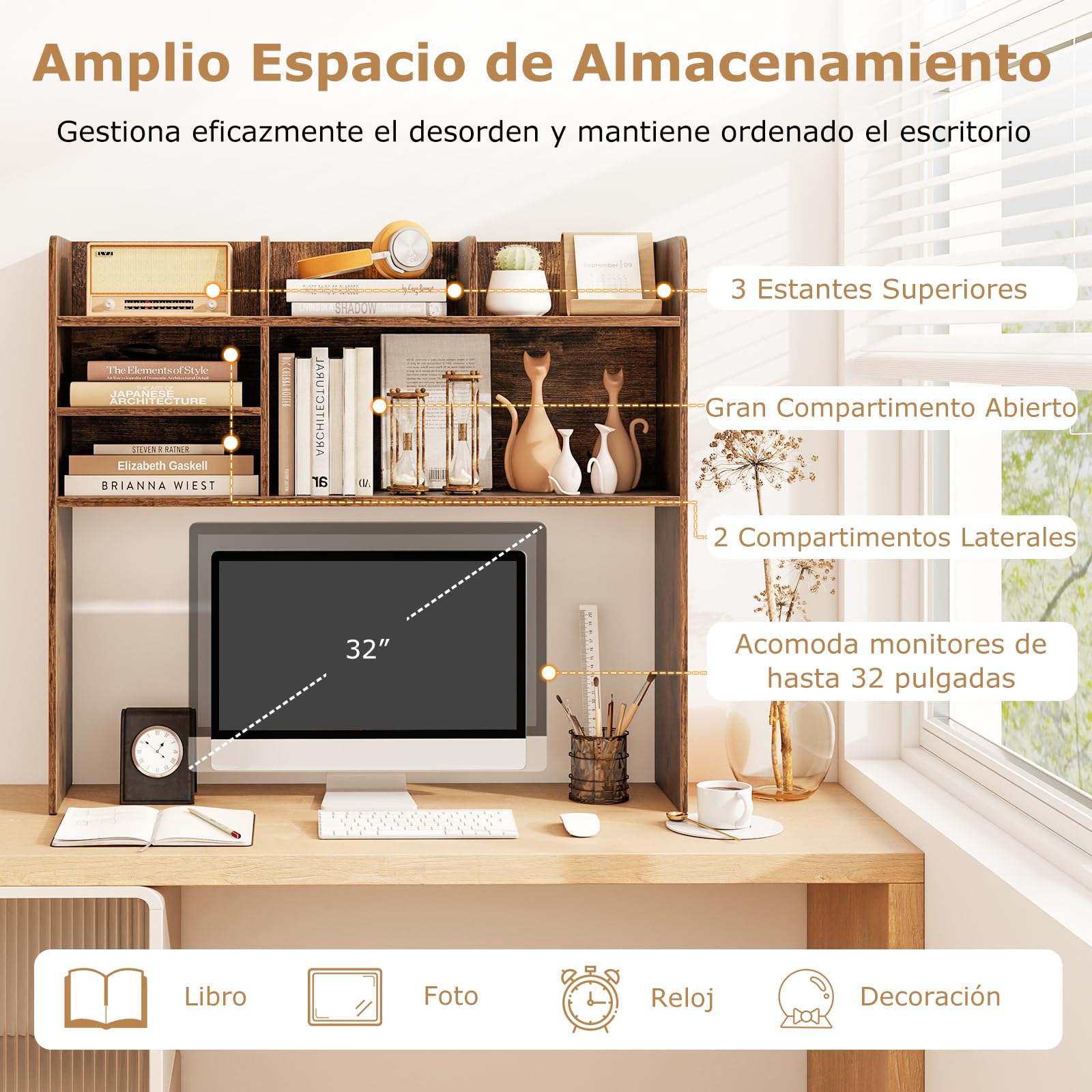 GIANTEX Estantería de Escritorio con 6 Estantes Abiertos, Mueble Organizador sobre Mesa con Kit Antivuelco, 94 x 24 x 85 cm, Estante Ajustable, para Plantas, Libros, Comésticos (Marrón)