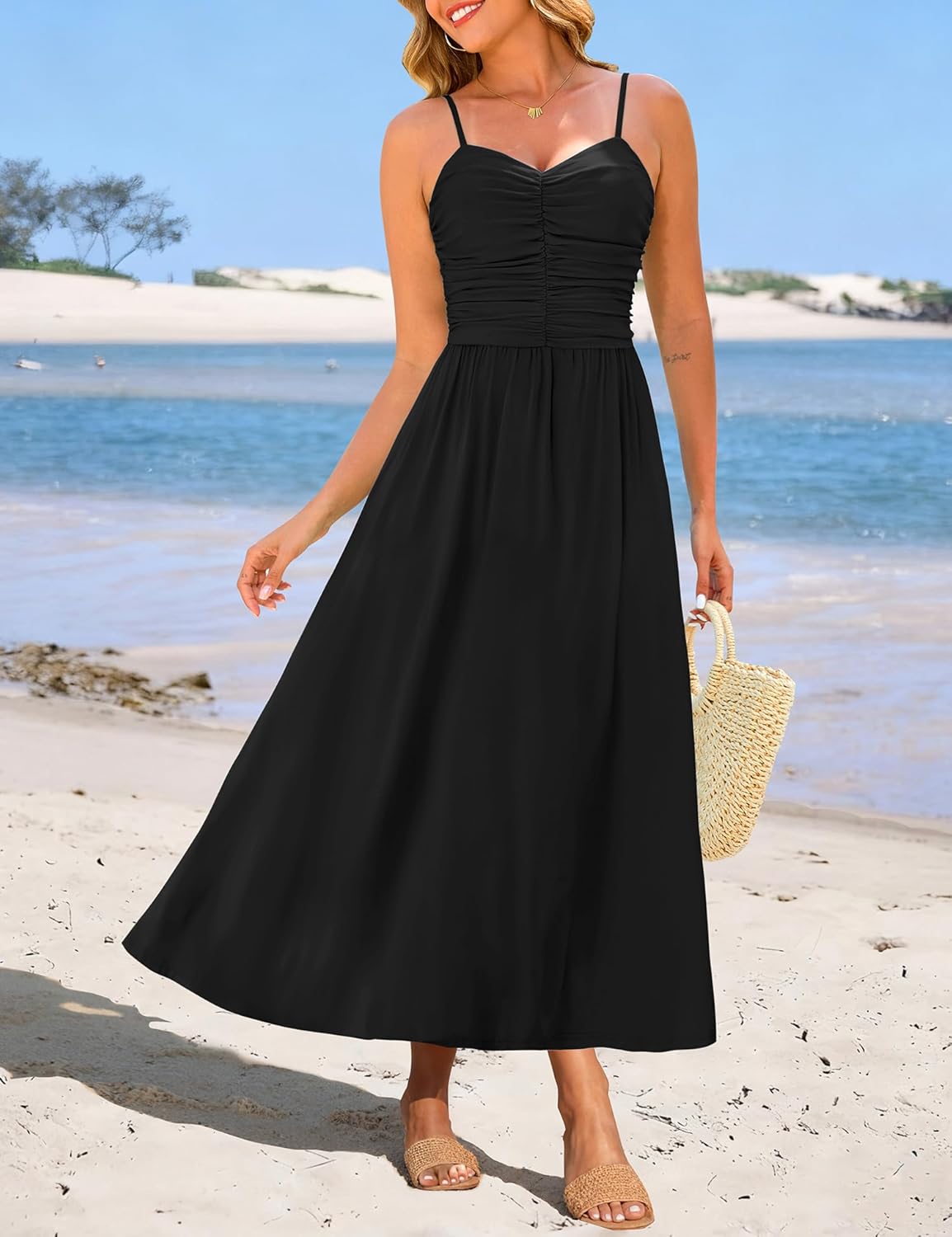 Annebouti Women 2026 Summer Spring Ruched Maxi Dress Adjustable Spaghetti Strap Floral Beach Long Sundress with Pockets