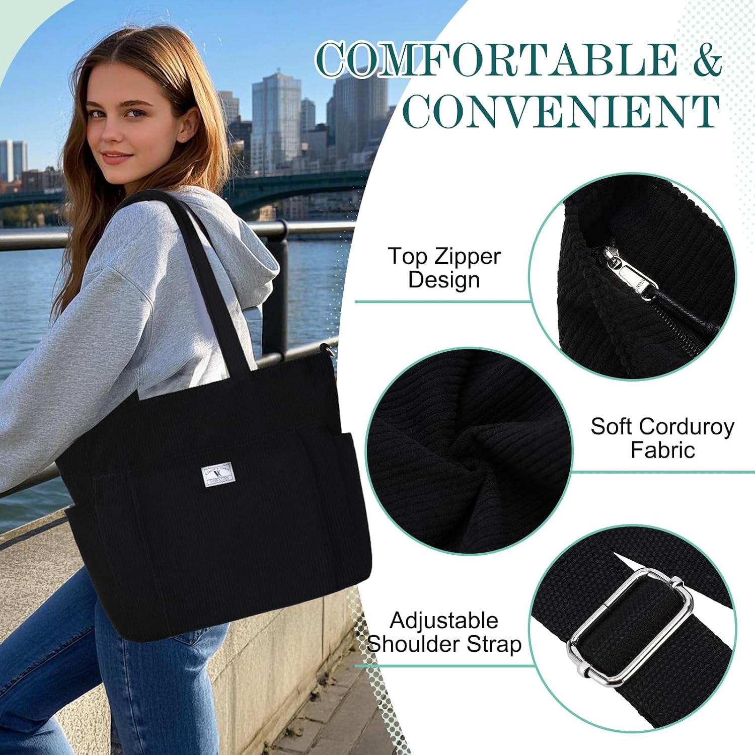VX VONXURY Large Corduroy Tote Bag for Women, Shoulder Bag with Multi Pockets Lightweight Handbag for Work College Travel