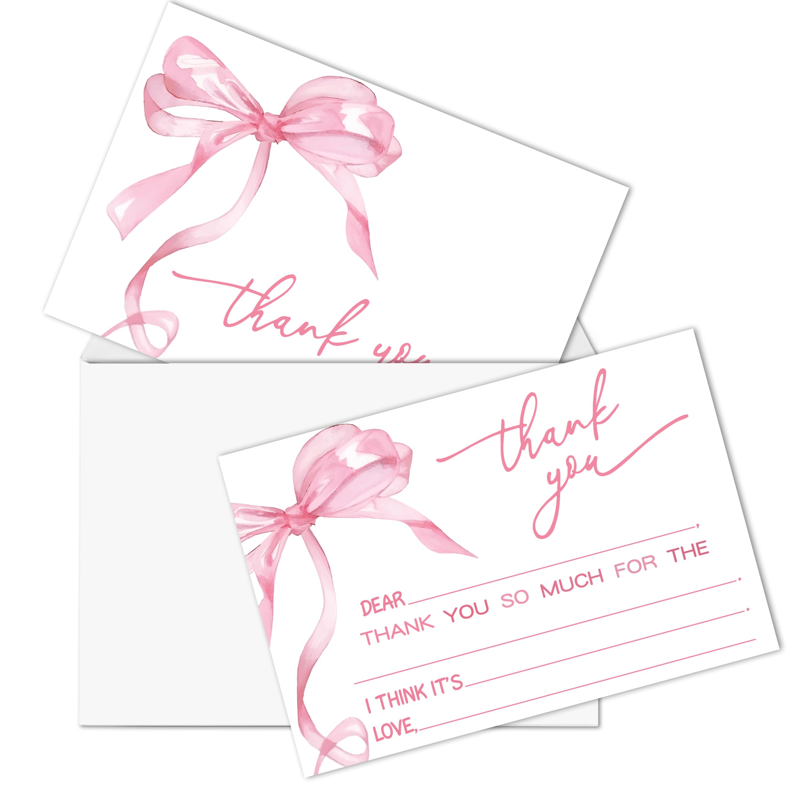Bow Kids Thank You Cards, Pink Thank You Card For Baby Shower Birthday Party Wedding Bridal, Kids Birthday Cards Fill In The Blank, 20 Pack Cute