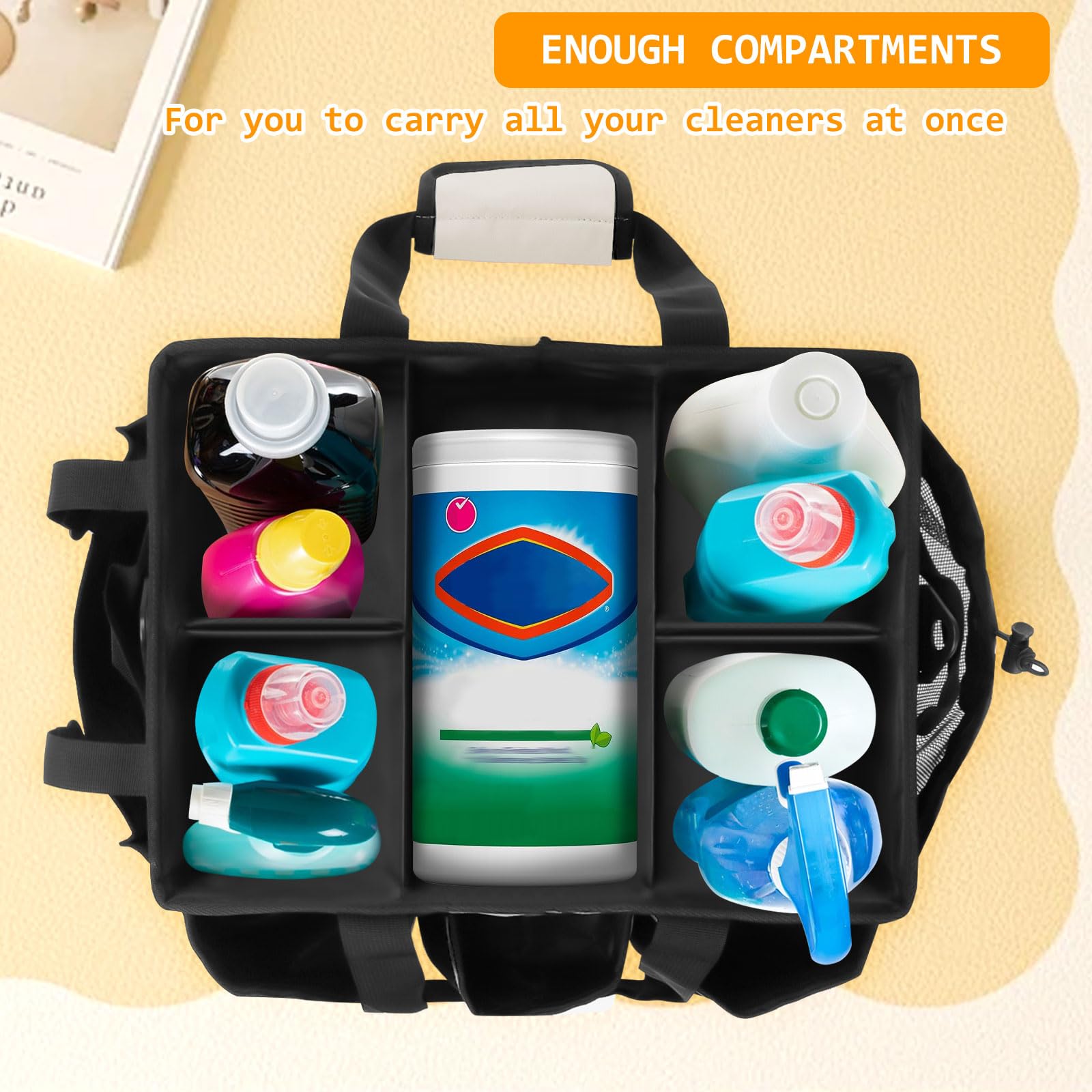 Cesto Per La Conservazione Dei Prodotti Per La Pulizia,Cestino Porta Attrezzi con 5 Tasche Esterne, Organizer Per Pulizie in Tessuto Oxford, Impermeabile, con Spallacci Regolabili (Bianco)