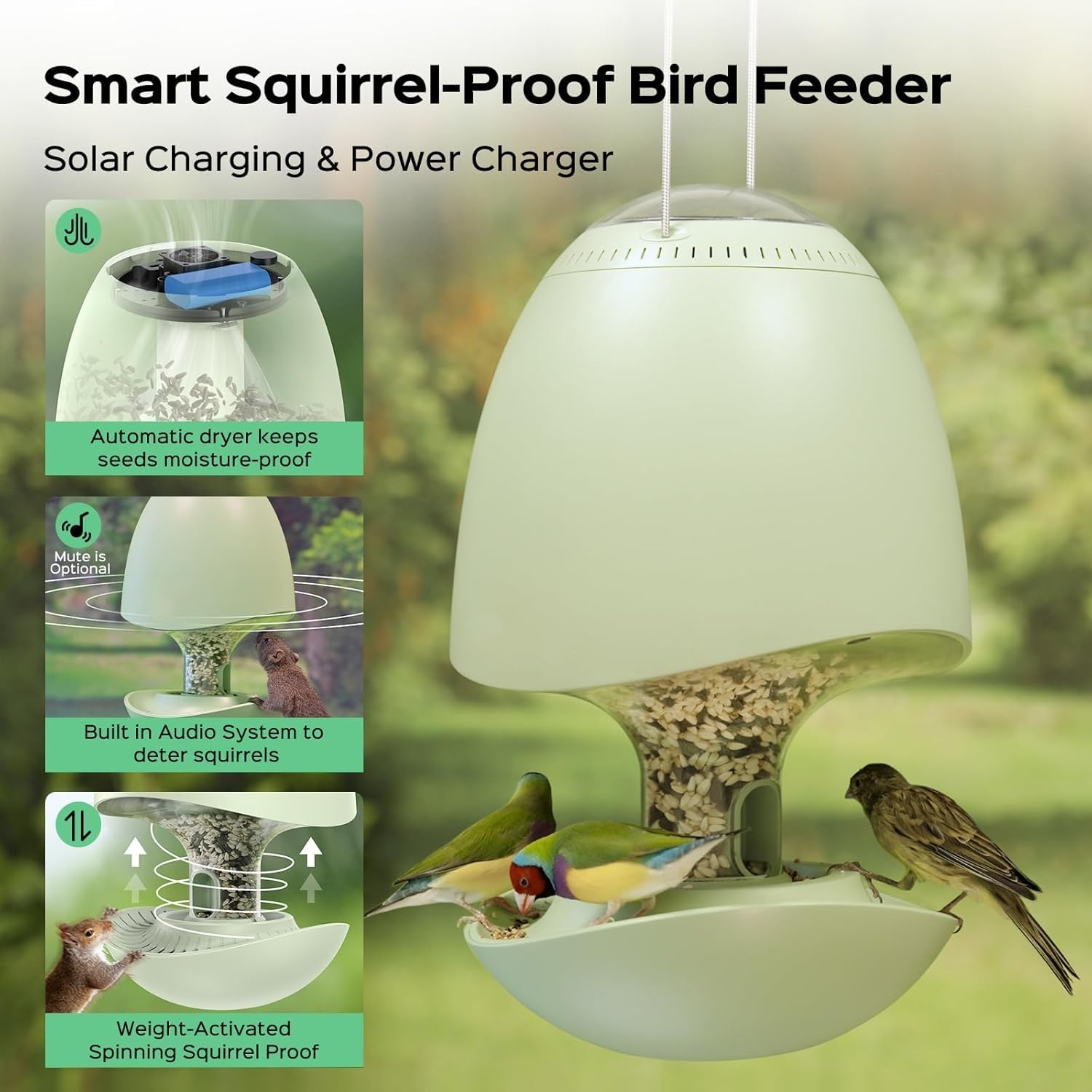 Camolech - Comedero inteligente para pájaros a prueba de ardillas para colgar al aire libre, comedero solar de gran capacidad para pájaros, percha giratoria activada por peso, disuasorio de sonido y