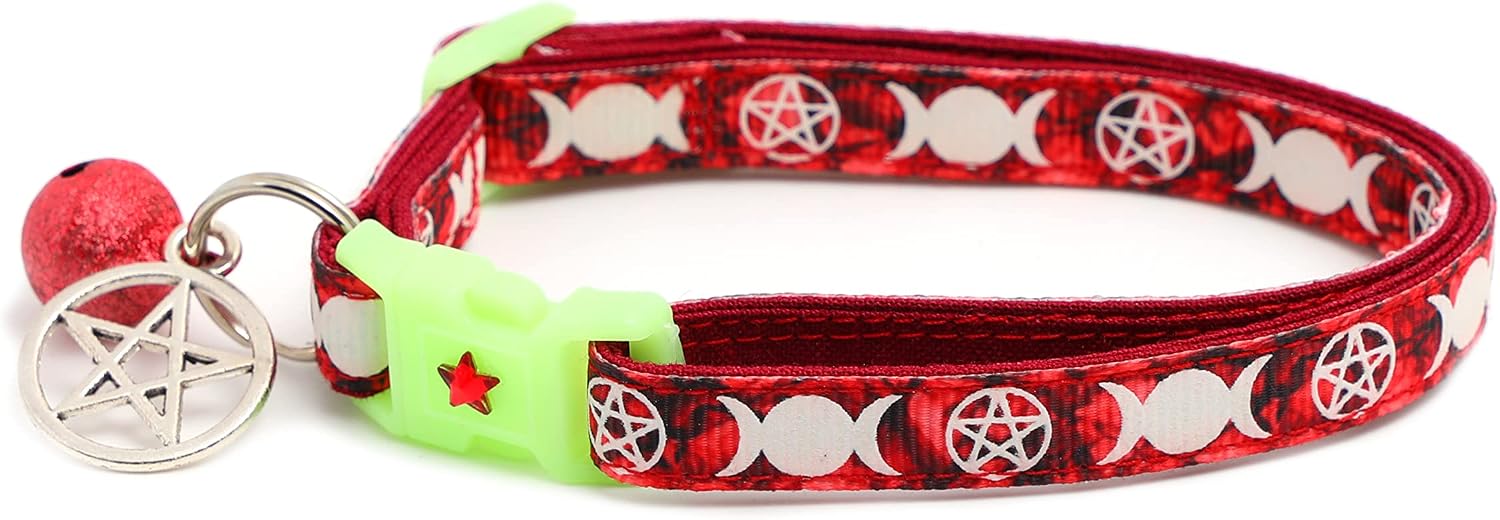 Wicca Cat Collar with Occult Charm & Bell | Witch's Familiar Cat Collar | Glow in The Dark | Safety Breakaway Collar (Small(10lbs & Less), Amethyst)