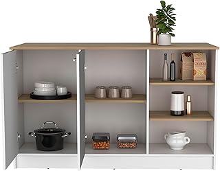 59" White Oak Kitchen Island: 2 Storage Cabinets, 3 Open Shelves & 33" Sit-Around Breakfast Bar, for Meal Prep & Entertaining, Farmhouse Style